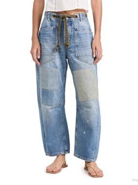 Woven Blue Denim Barrel Jeans 100% Cotton Mid Rise Slouchy Tapered Relaxed Fit